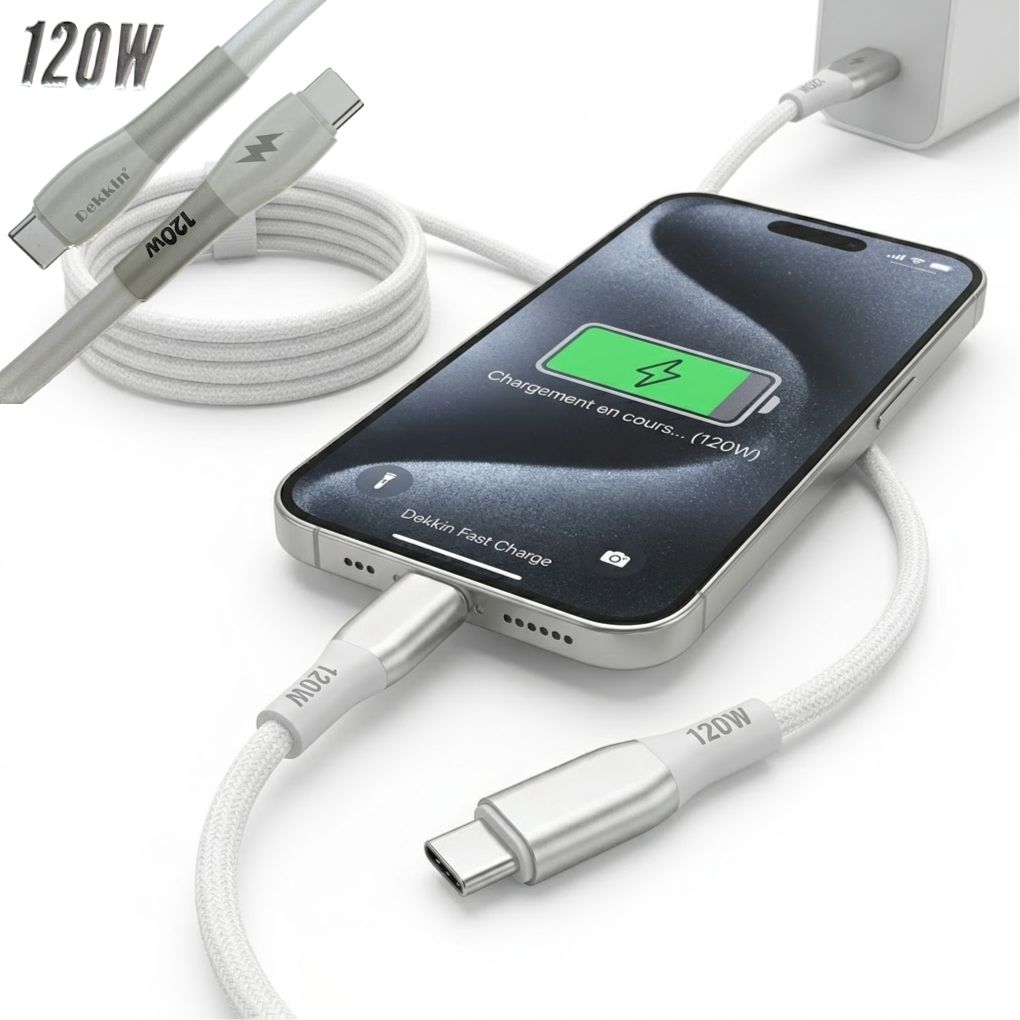 Câble de Charge Ultra Rapide 120W USB-C vers USB-C - Haute Puissance & Transfert de Données