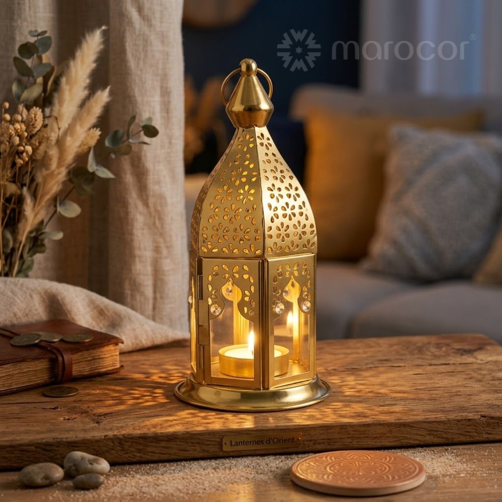 Lanterne Décorative Dorée en Métal avec Motifs Floraux Perforés