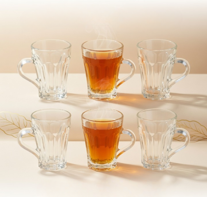 Ensemble de 6 tasses en verre transparent avec poignée, idéal pour thé, café et boissons chaudes ou froides
