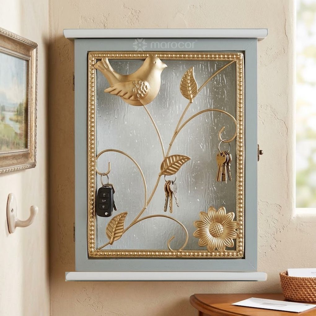 Boîte à Clés Murale Design Vintage avec Décoration Oiseau et Fleur Dorée