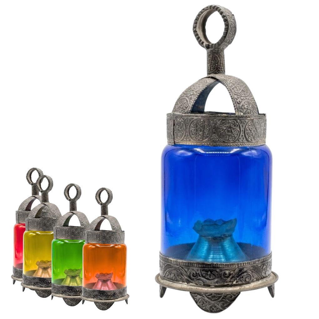 Lanterne Artisanale en Verre Coloré et Métal Gravé – Photophore de Style Oriental
