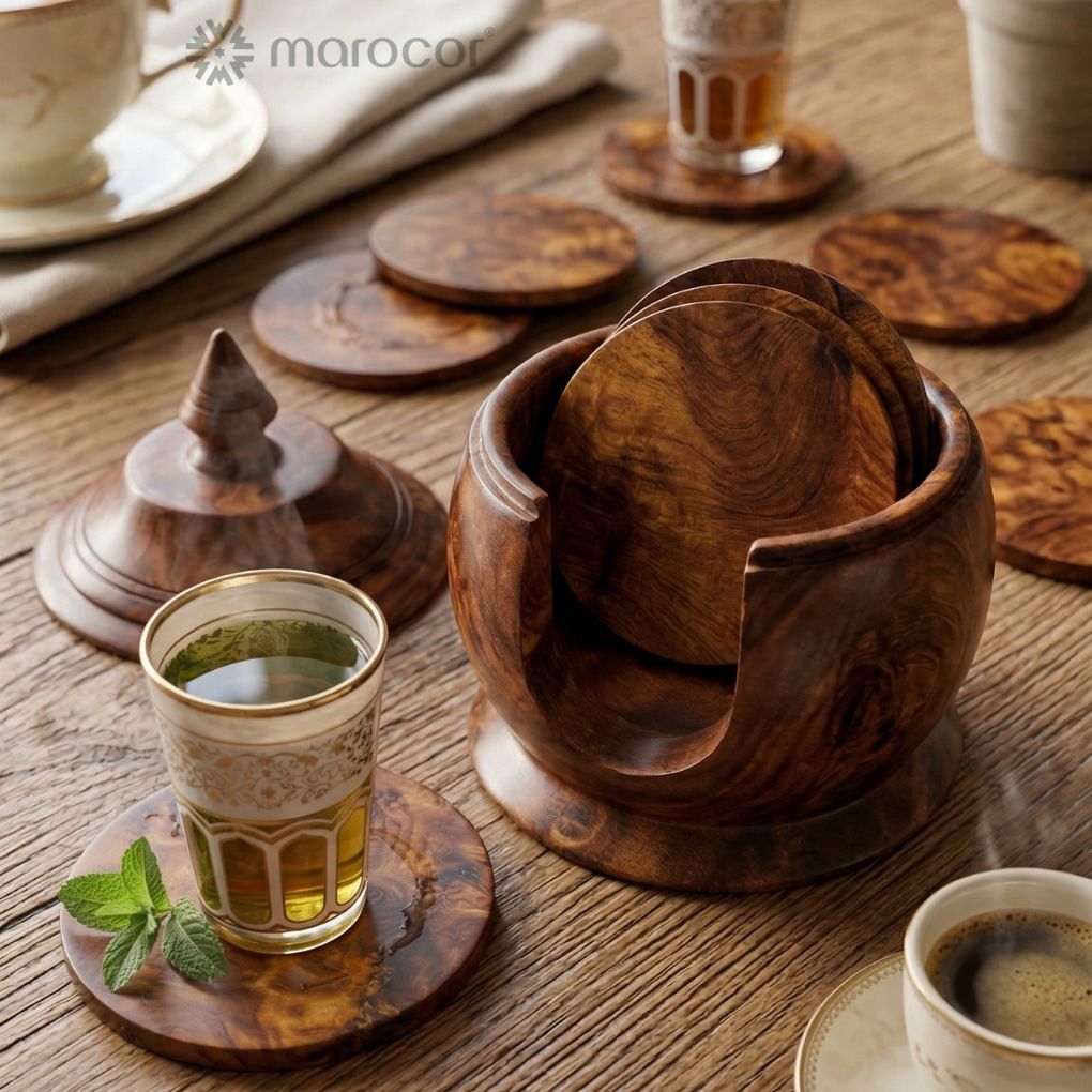 Élégant coffret de 12 sous-verres en ronce de noyer fait main - Protection et style pour vos tables thuya