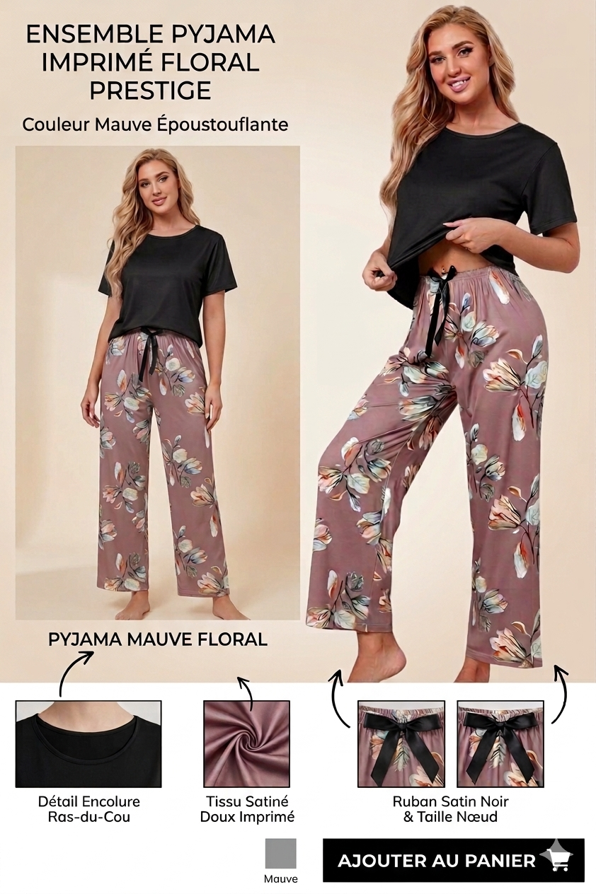 Ensemble Pyjama 2 Pièces pour Femme - T-shirt Noir et Pantalon Fluide à Imprimé Floral avec Nœud Élégant