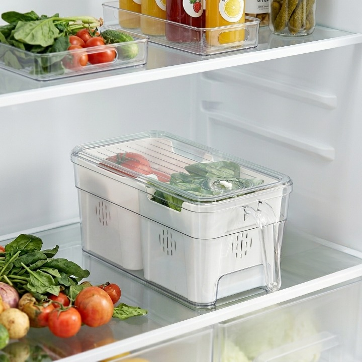 Boîte de stockage alimentaire avec couvercle transparent et double bac amovible avec poignée pratique
