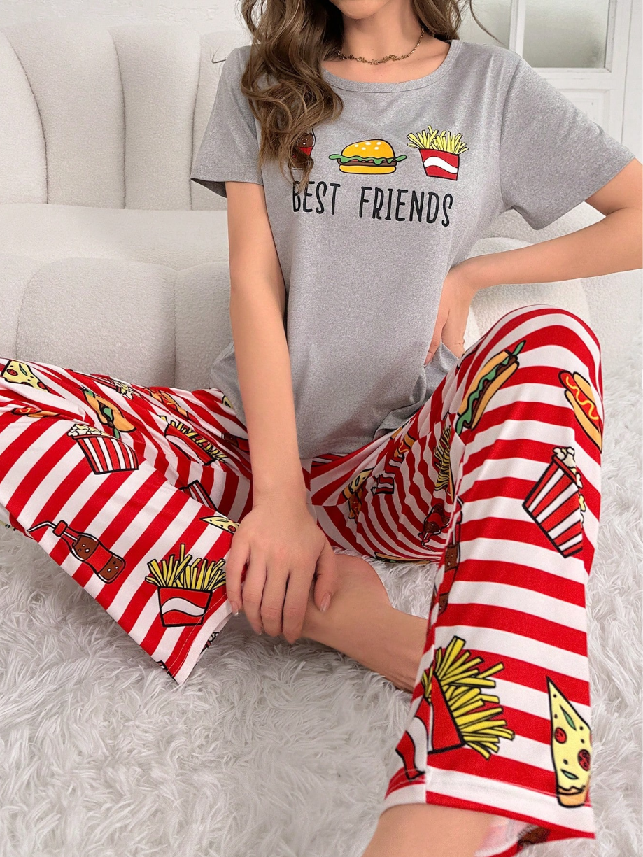 Ensemble Pyjama "Best Friends Foodie" – T-shirt Gris Chiné et Pantalon Rayé à Imprimés Gourmands (Pizza, Burger, Frites) M/L