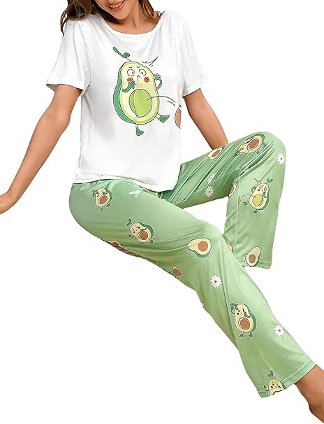 Pyjama 2 Pièces pour Femme - T-shirt Blanc et Pantalon Vert à Motif Avocat Rigolo M/L