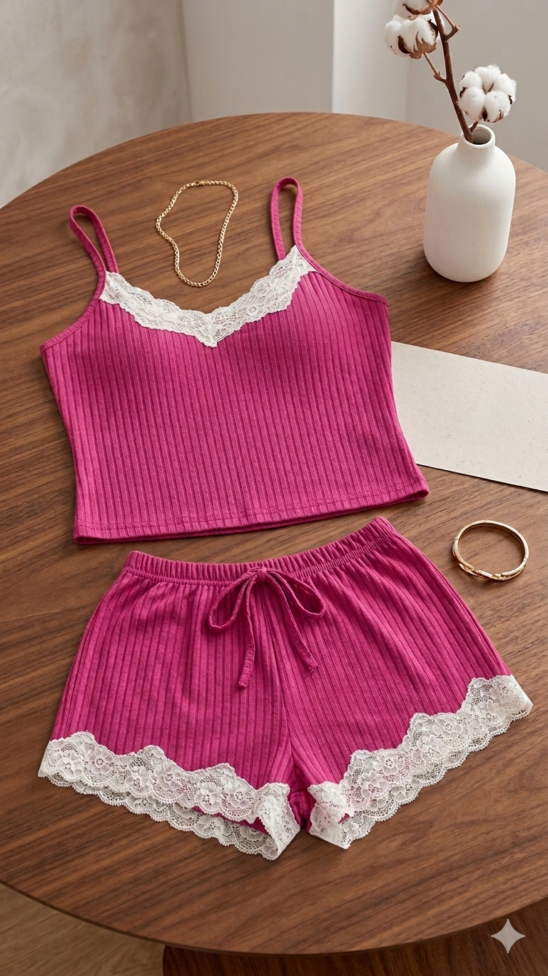 Ensemble Lingerie de Nuit 2 Pièces - Caraco à Bretelles et Short en Maille Nervurée avec Dentelle Blanche M/L