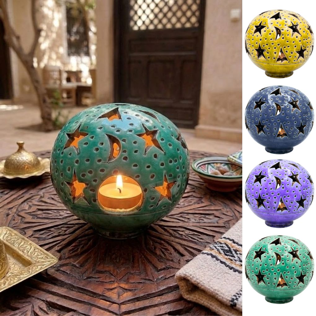 Porte-Bougie Bougeoir Photophore artisanal en céramique percée motifs étoiles et lune (couleur aléatoire )