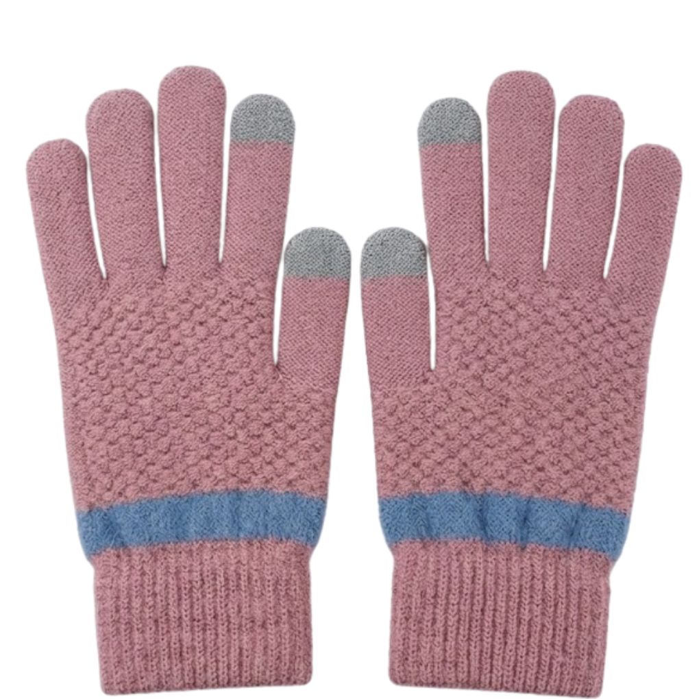 Gants d'Hiver Tactiles en Tricot Épais – Rose Poudré avec Détails Gris et Bande Bleue