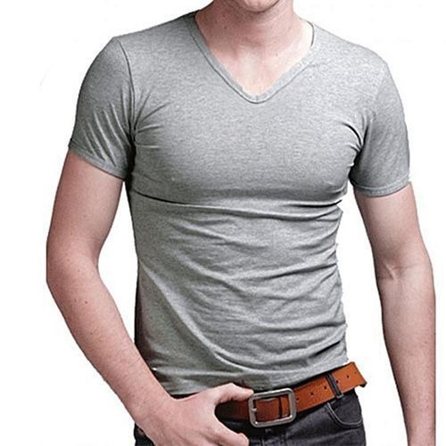 T-Shirt Homme Col en V Slim Fit – Coton Extensible & Confort Premium – Gris Chiné