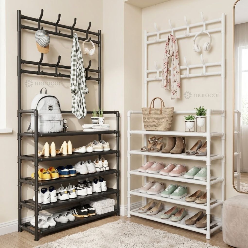 Porte manteau sur pied - Vestiaire avec étagères pour rangement de chaussures - Meuble d’entrée en acier