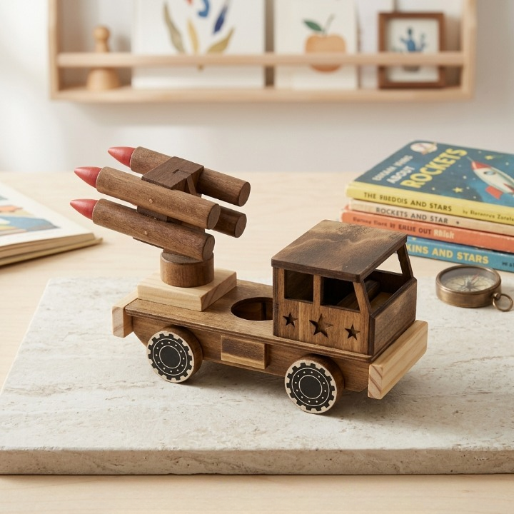 Maquette de véhicule lance-missiles blindé en bois – jouet enfant et décoration maison