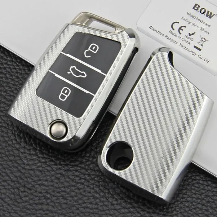 Coque de clé de voiture en fibre de carbone TPU pour Volkswagen VW