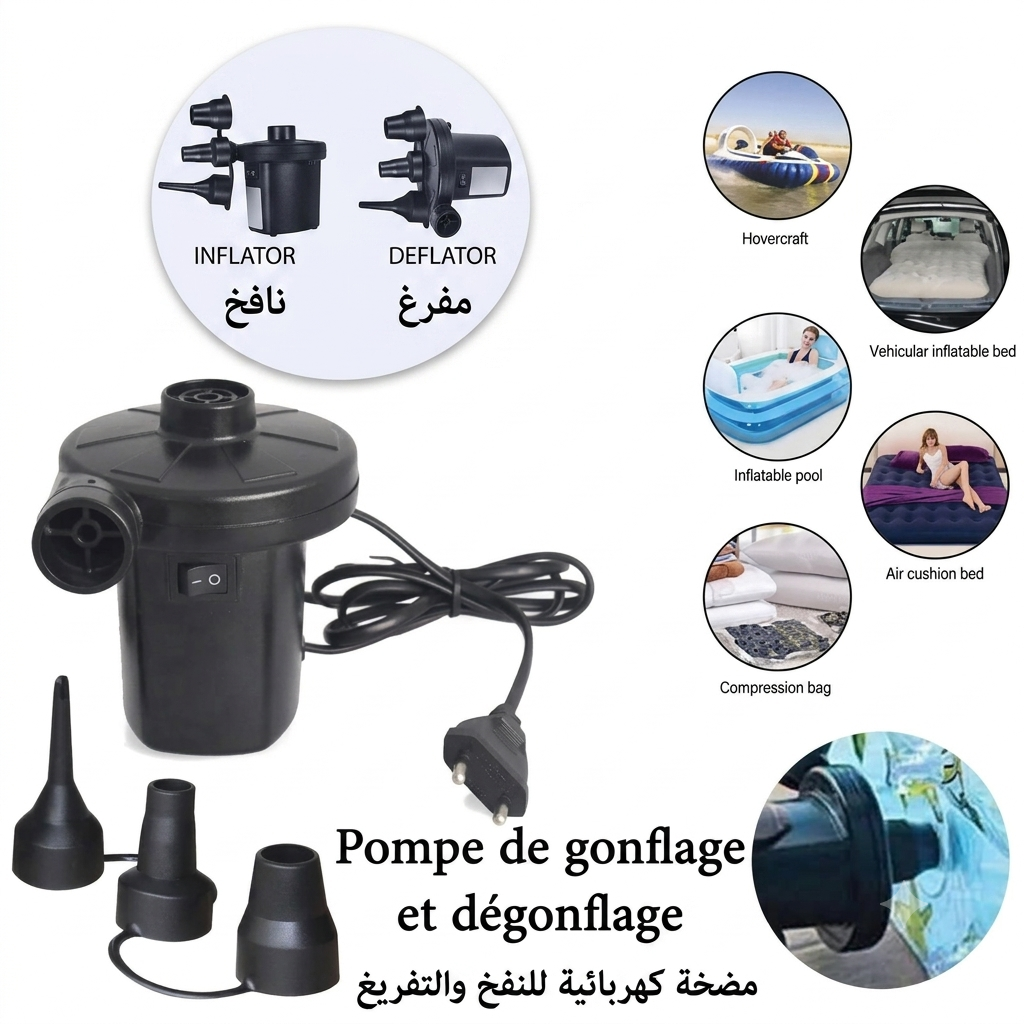 Pompe à Air Électrique 2 en 1 – Gonflage et Dégonflage Rapides avec 3 Buses Interchangeables