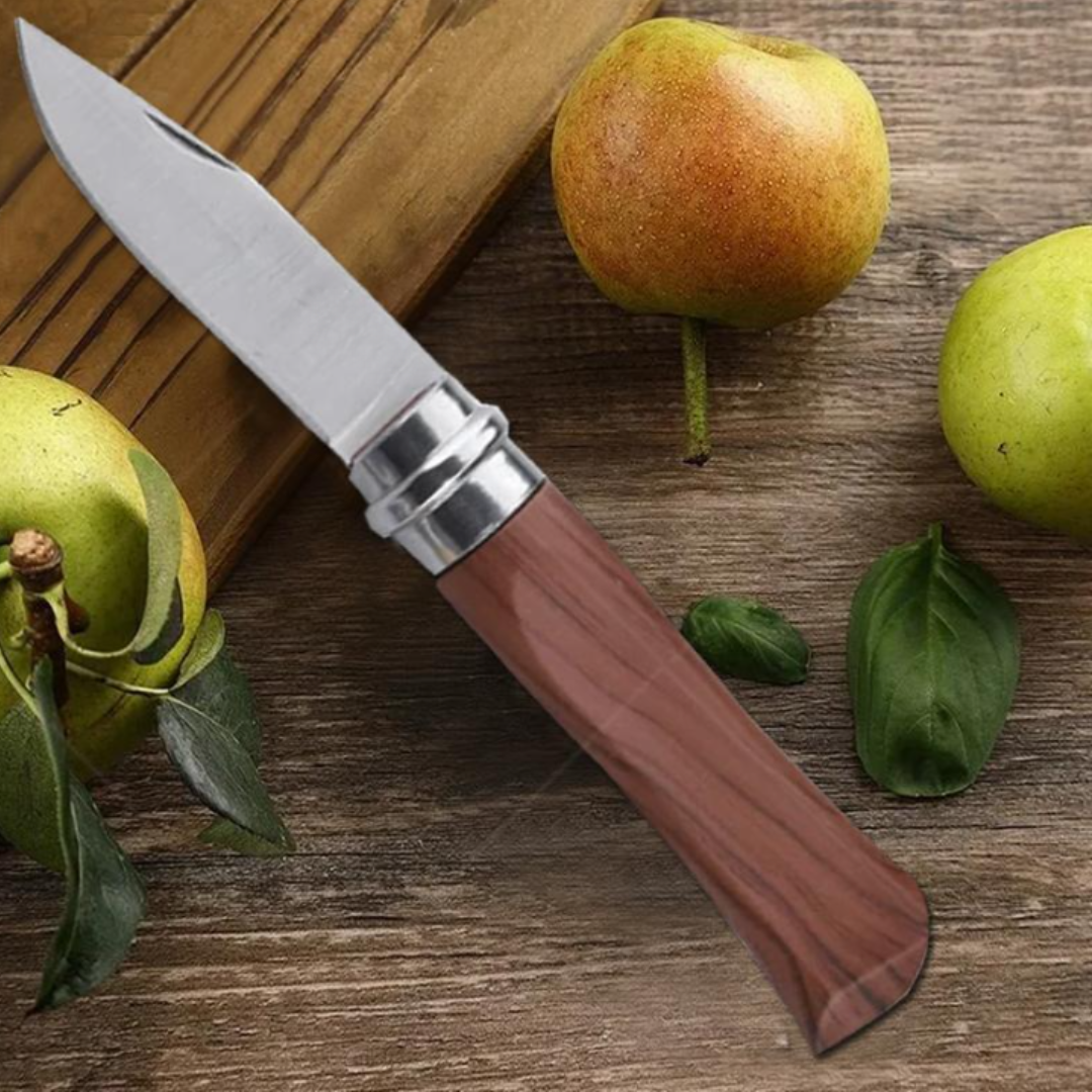 Couteau Pliant en Acier Inoxydable avec Manche en Bois – Couteau de Poche pour Fruits, Cuisine et Camping