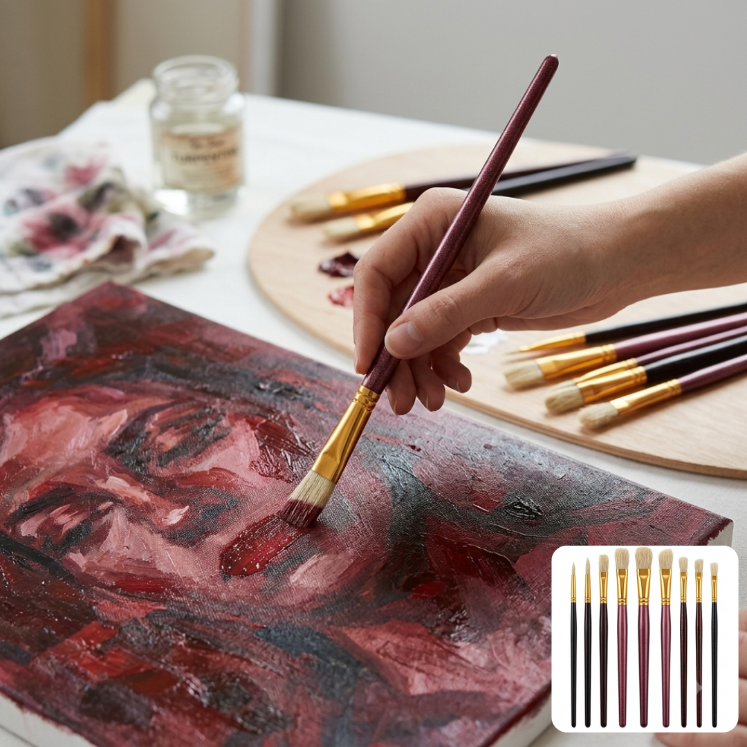 Ensemble de Pinceaux de Peinture 10 Pièces avec Manche en Bois – Kit pour Acrylique, Aquarelle et Huile
