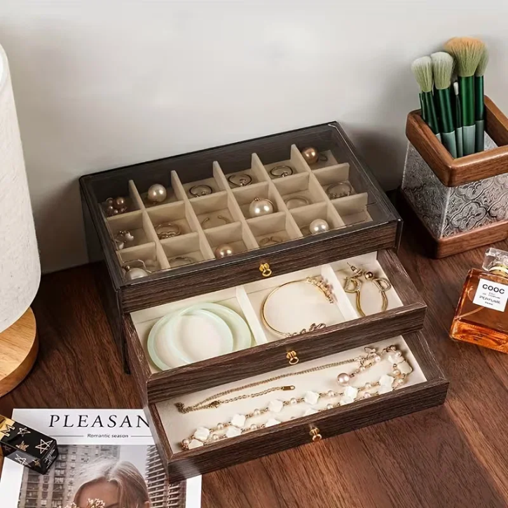 Coffret à bijoux en bois à 3 tiroirs avec couvercle transparent