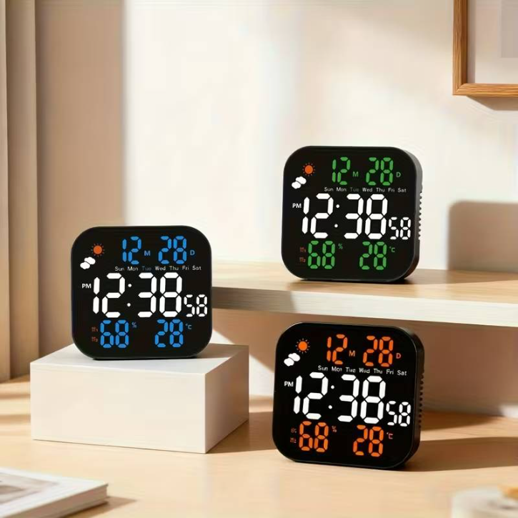 Horloge murale numérique LED avec affichage de la température et de l’humidité - couleur design aléatoire