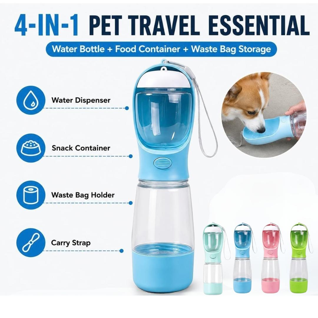 Bouteille de voyage 4 en 1 pour chien avec distributeur d’eau et de nourriture - couleur aléatoire